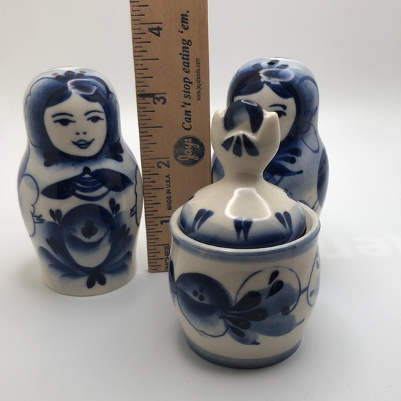 Matryoshka Salt Pepper Condiment Dish Tray Russian Traditional Blue White. VTG - Picture 3 of 9